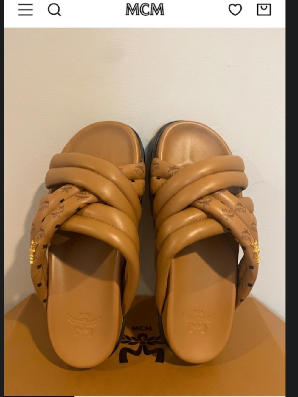 MCM Cognac Monogram Cross-Strap Lambskin Sandals